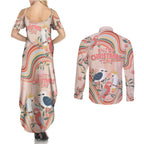 australia-hippie-christmas-couples-matching-summer-maxi-dress-and-long-sleeve-button-shirt-cockatoo-kookaburra-with-wattle-pink-peach-style