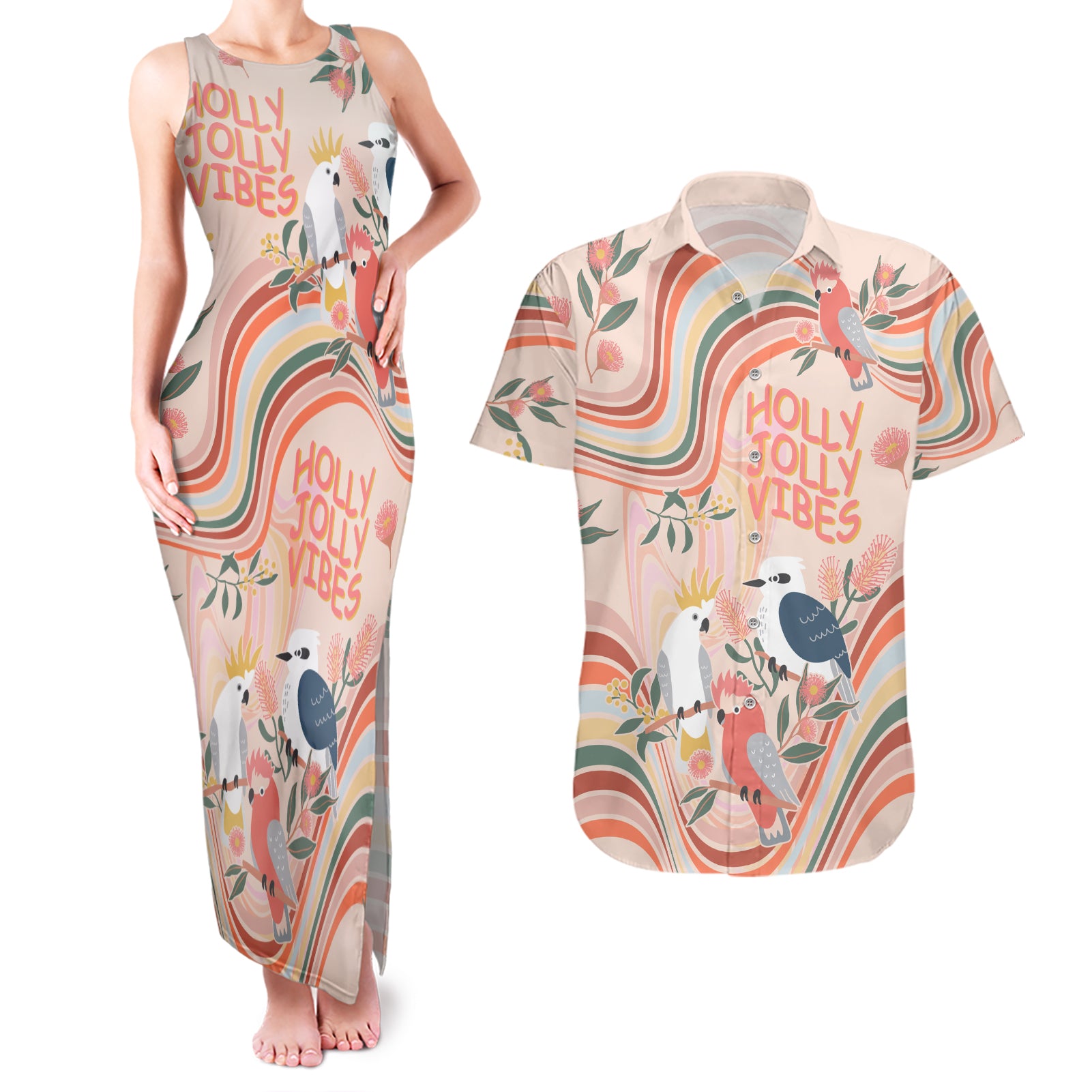 australia-hippie-christmas-couples-matching-tank-maxi-dress-and-hawaiian-shirt-cockatoo-kookaburra-with-wattle-pink-peach-style