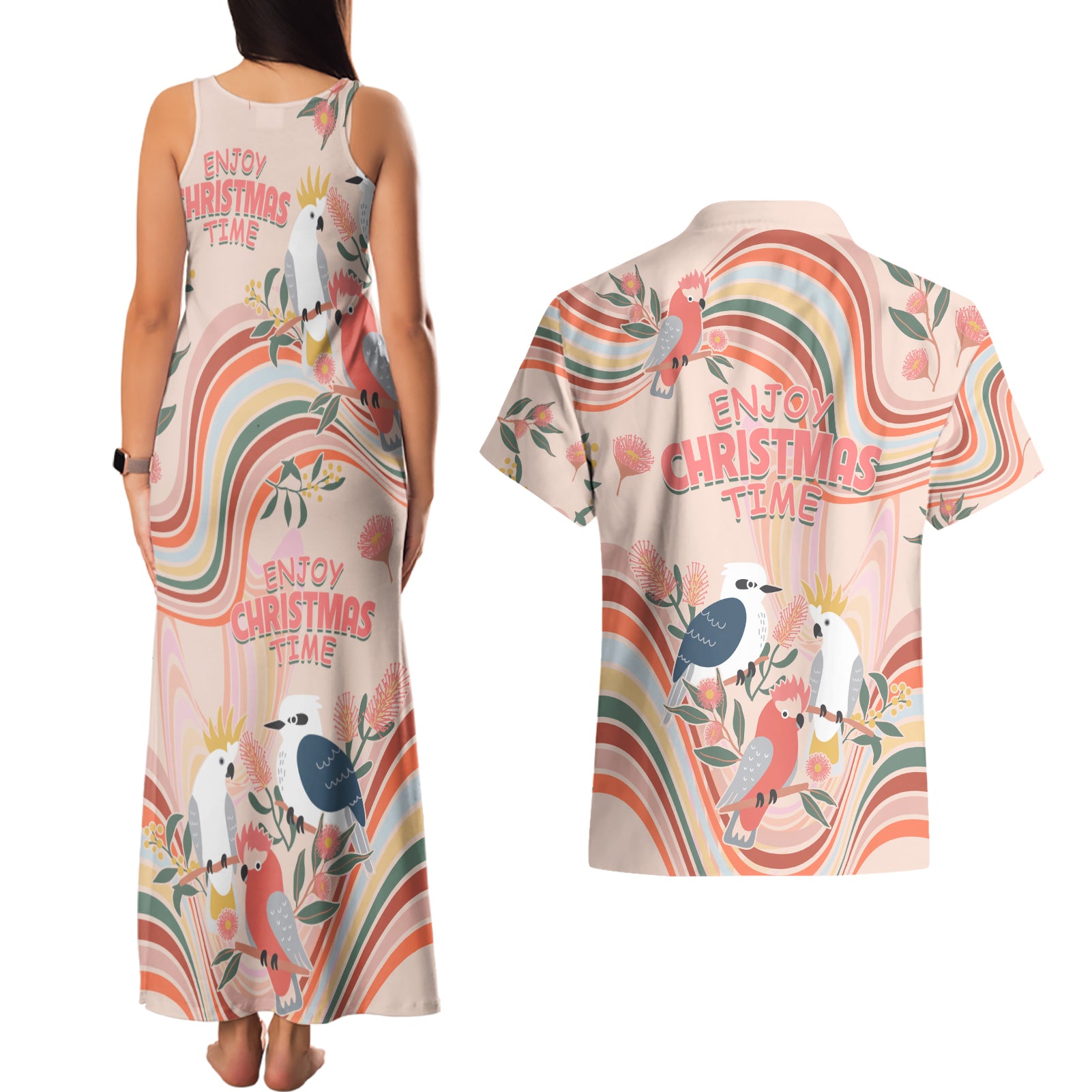 australia-hippie-christmas-couples-matching-tank-maxi-dress-and-hawaiian-shirt-cockatoo-kookaburra-with-wattle-pink-peach-style