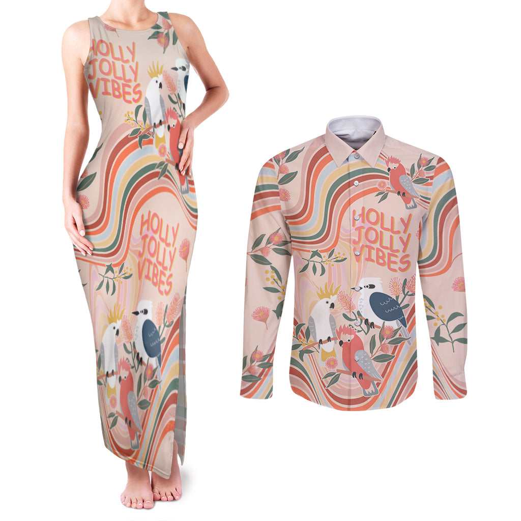 australia-hippie-christmas-couples-matching-tank-maxi-dress-and-long-sleeve-button-shirt-cockatoo-kookaburra-with-wattle-pink-peach-style