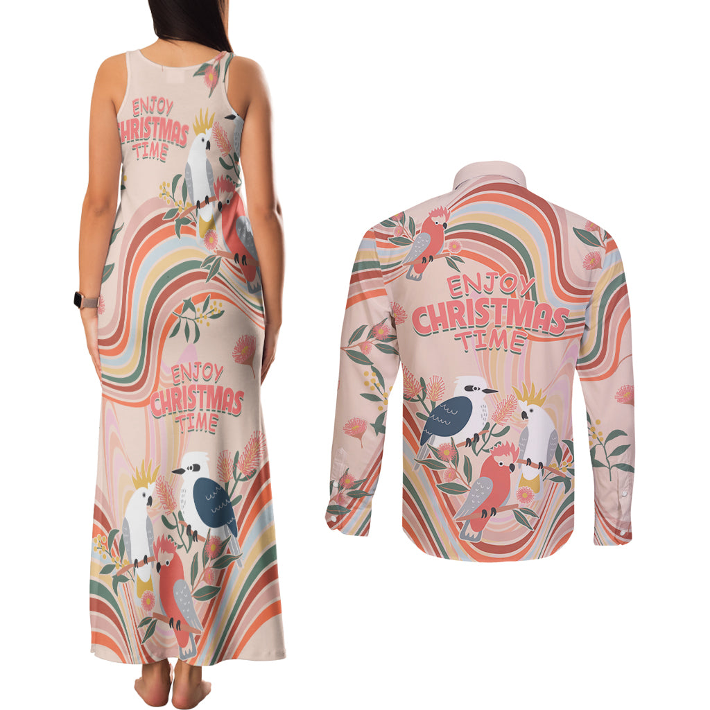 australia-hippie-christmas-couples-matching-tank-maxi-dress-and-long-sleeve-button-shirt-cockatoo-kookaburra-with-wattle-pink-peach-style