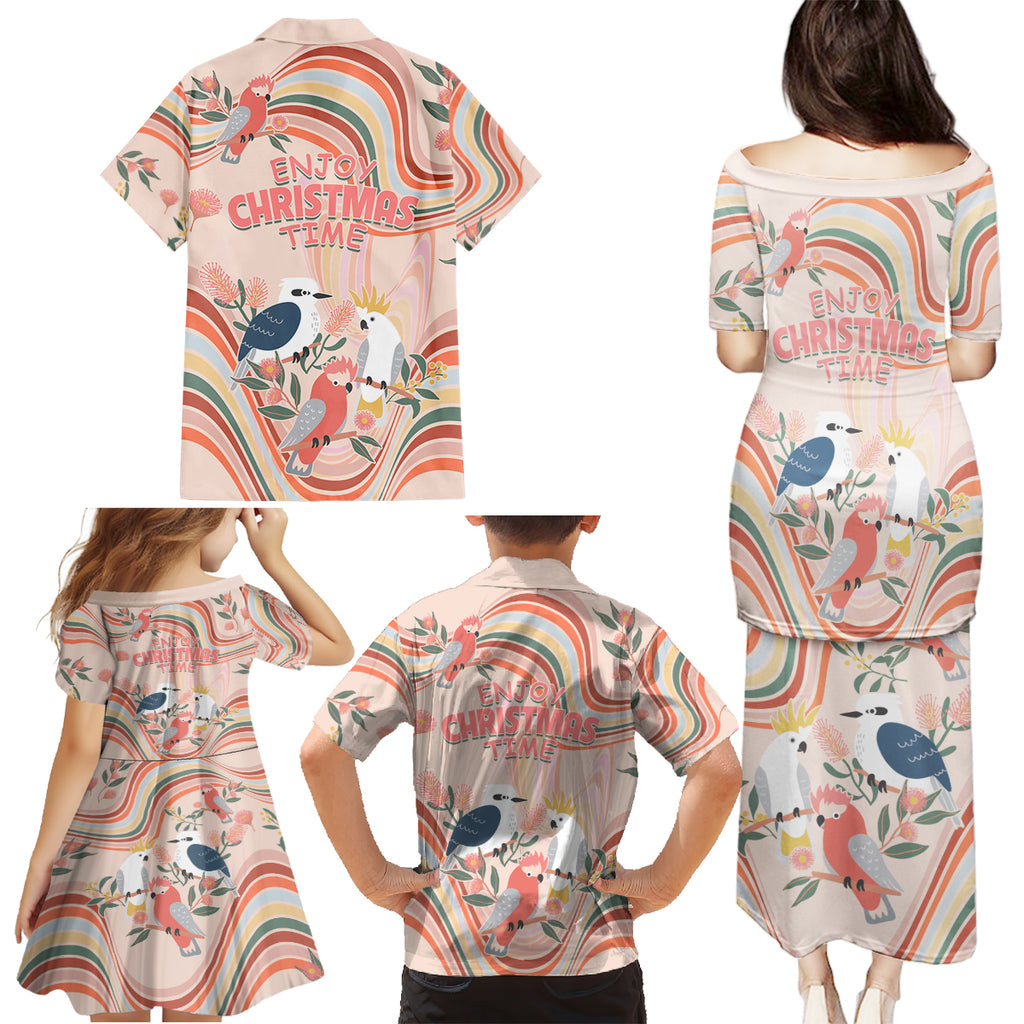 australia-hippie-christmas-family-matching-puletasi-dress-and-hawaiian-shirt-cockatoo-kookaburra-with-wattle-pink-peach-style