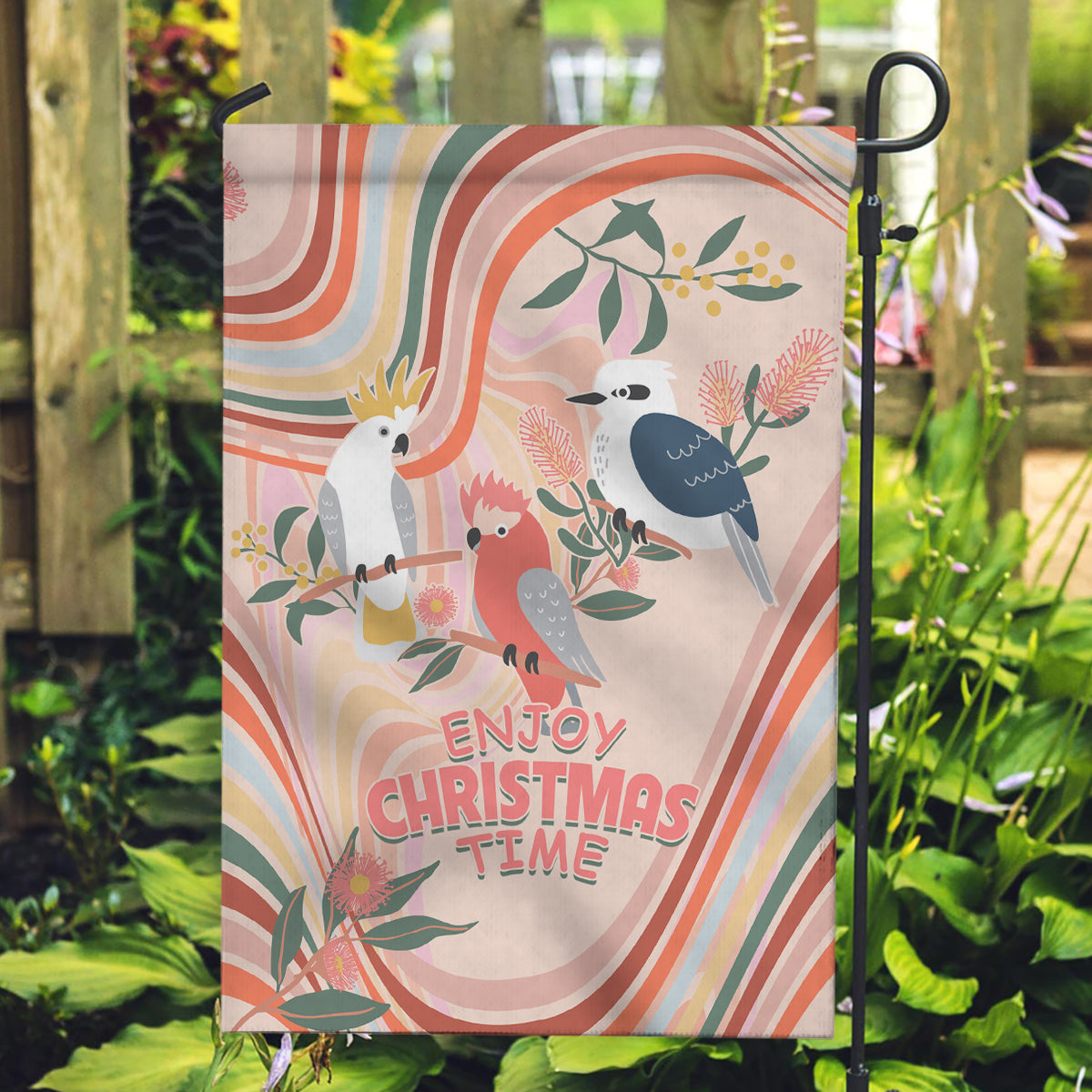 australia-hippie-christmas-garden-flag-cockatoo-kookaburra-with-wattle-pink-peach-style
