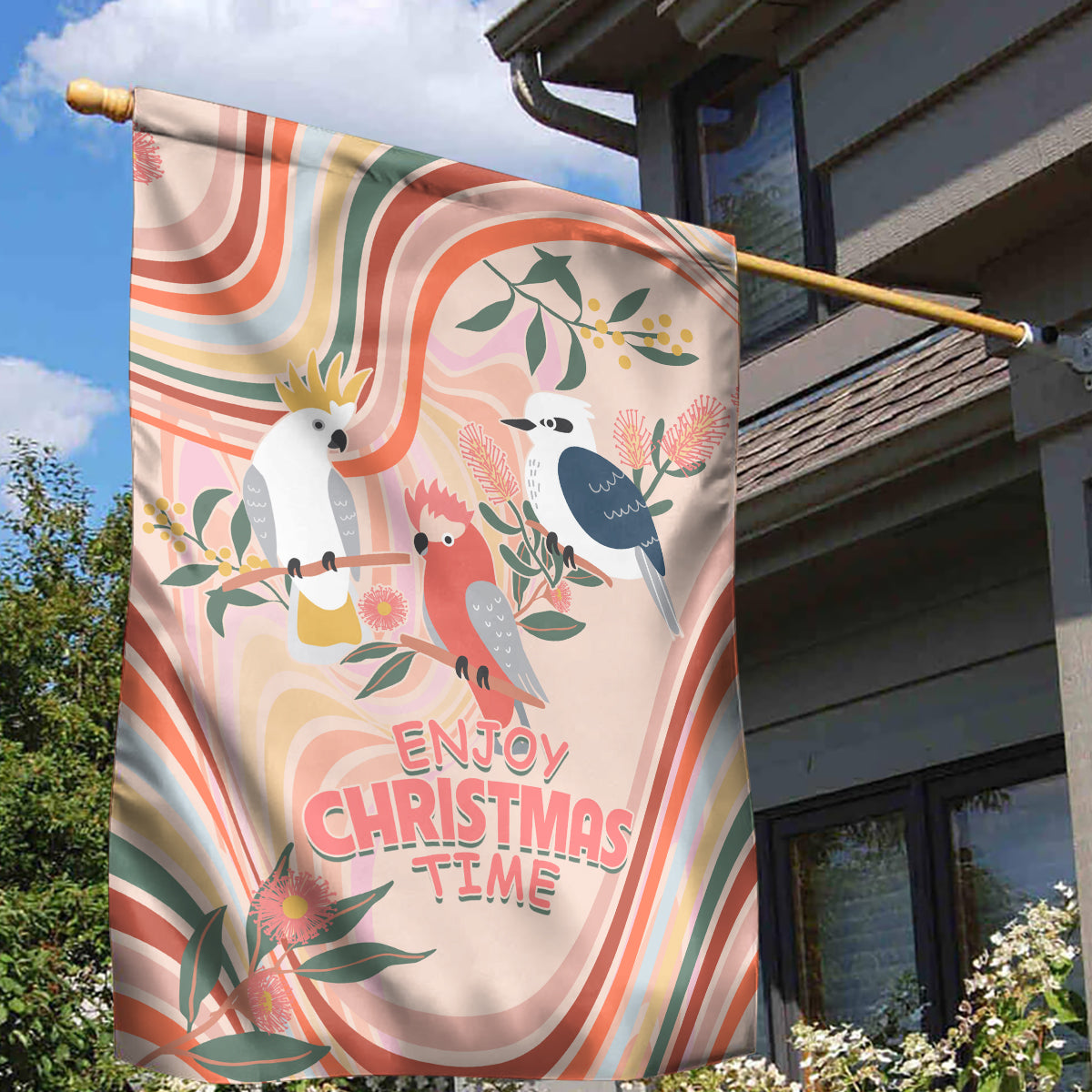australia-hippie-christmas-garden-flag-cockatoo-kookaburra-with-wattle-pink-peach-style
