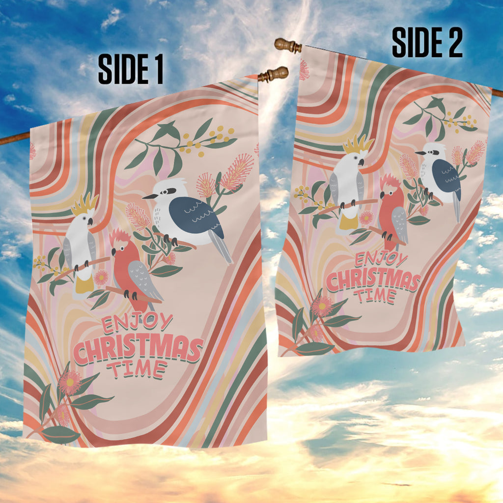 australia-hippie-christmas-garden-flag-cockatoo-kookaburra-with-wattle-pink-peach-style