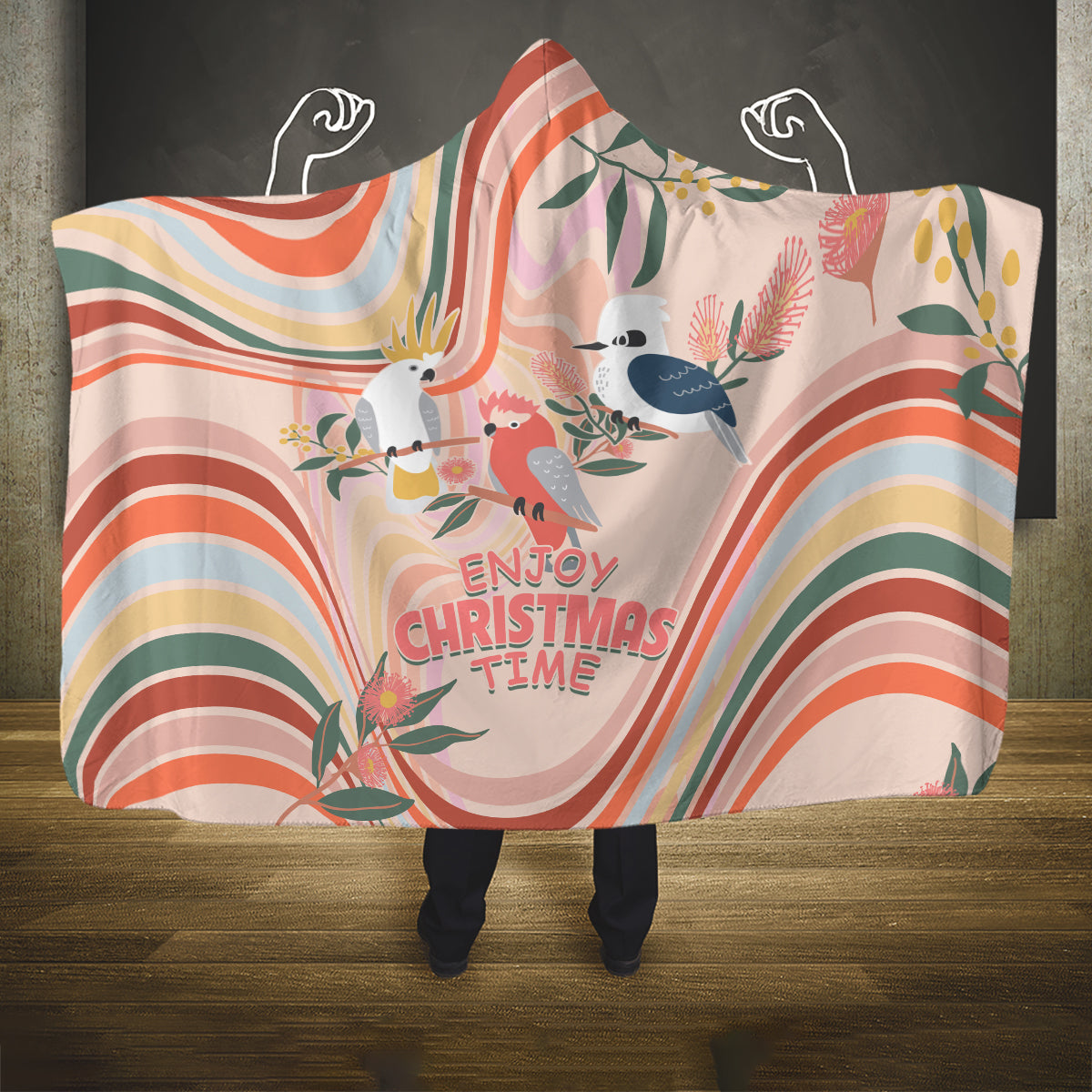 australia-hippie-christmas-hooded-blanket-cockatoo-kookaburra-with-wattle-pink-peach-style