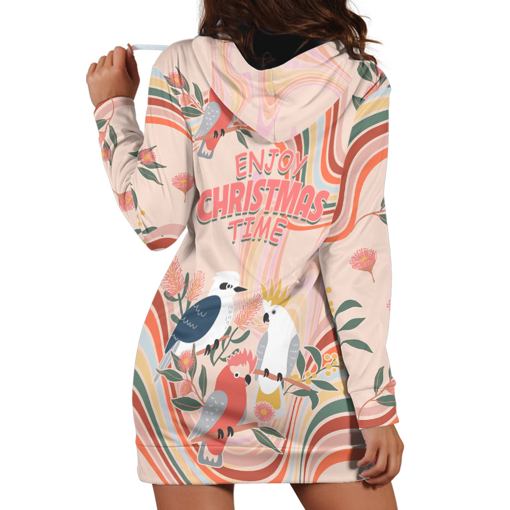 australia-hippie-christmas-hoodie-dress-cockatoo-kookaburra-with-wattle-pink-peach-style