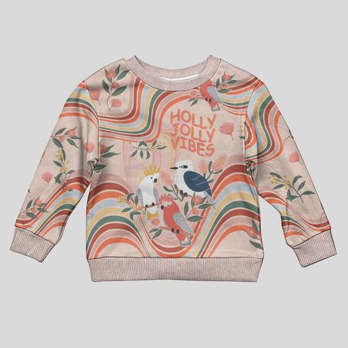 australia-hippie-christmas-kid-ugly-christmas-sweater-cockatoo-kookaburra-with-wattle-pink-peach-style