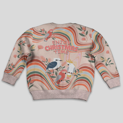 australia-hippie-christmas-kid-ugly-christmas-sweater-cockatoo-kookaburra-with-wattle-pink-peach-style