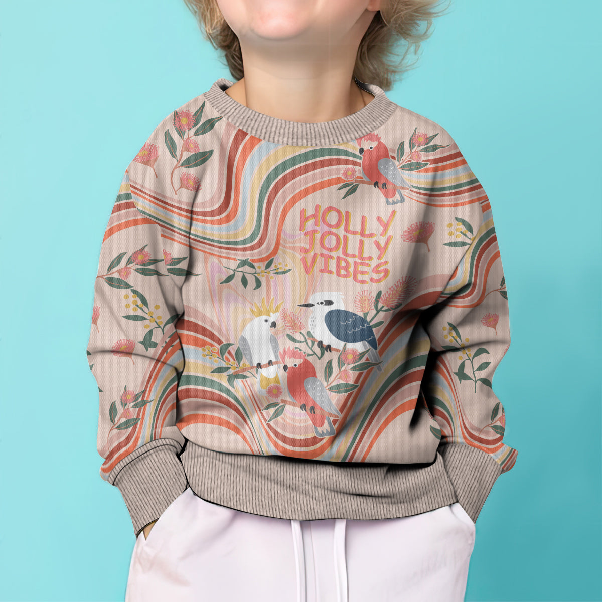 australia-hippie-christmas-kid-ugly-christmas-sweater-cockatoo-kookaburra-with-wattle-pink-peach-style