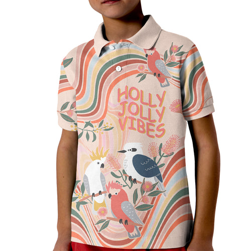 australia-hippie-christmas-kid-polo-shirt-cockatoo-kookaburra-with-wattle-pink-peach-style
