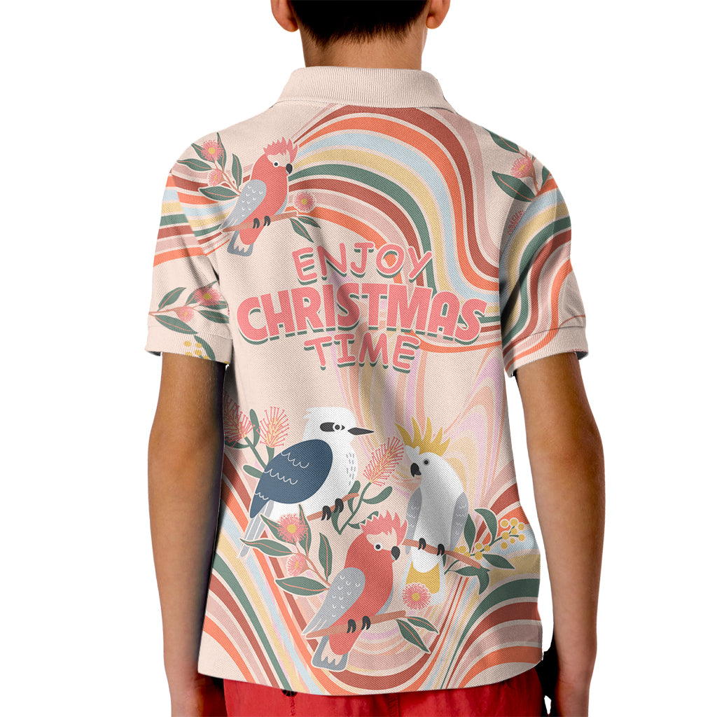 australia-hippie-christmas-kid-polo-shirt-cockatoo-kookaburra-with-wattle-pink-peach-style