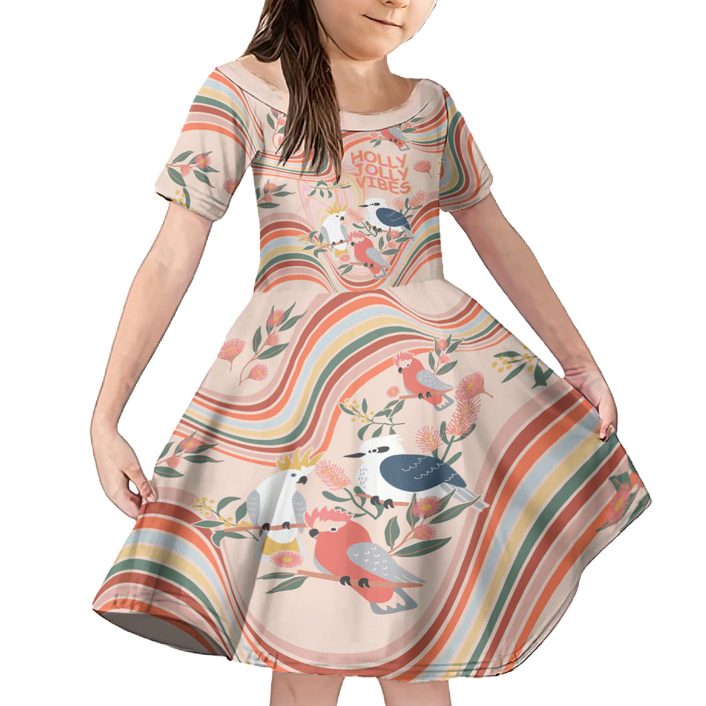 australia-hippie-christmas-kid-short-sleeve-dress-cockatoo-kookaburra-with-wattle-pink-peach-style