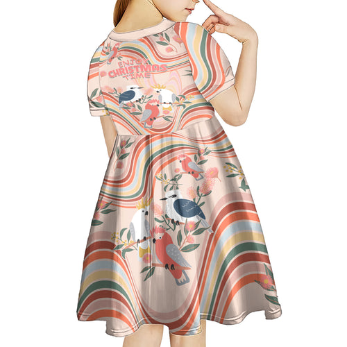 australia-hippie-christmas-kid-short-sleeve-dress-cockatoo-kookaburra-with-wattle-pink-peach-style