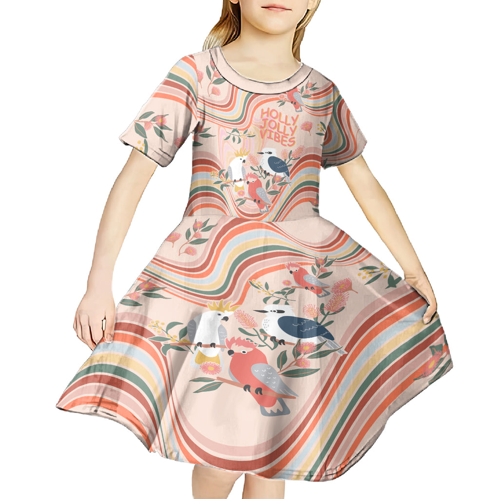 australia-hippie-christmas-kid-short-sleeve-dress-cockatoo-kookaburra-with-wattle-pink-peach-style
