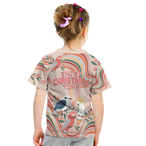 australia-hippie-christmas-kid-t-shirt-cockatoo-kookaburra-with-wattle-pink-peach-style
