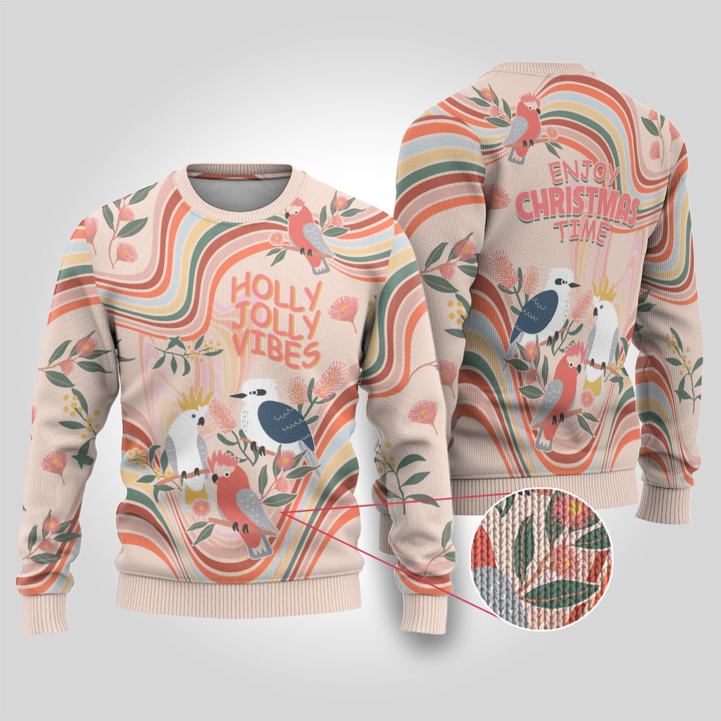australia-hippie-christmas-ugly-christmas-sweater-cockatoo-kookaburra-with-wattle-pink-peach-style