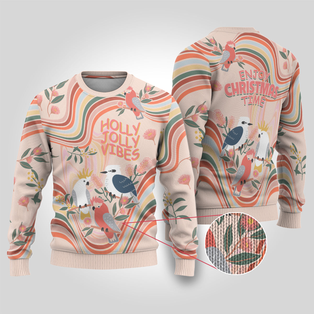 australia-hippie-christmas-ugly-christmas-sweater-cockatoo-kookaburra-with-wattle-pink-peach-style