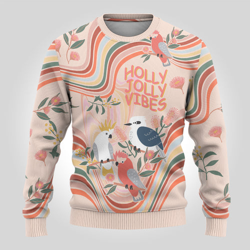 australia-hippie-christmas-ugly-christmas-sweater-cockatoo-kookaburra-with-wattle-pink-peach-style