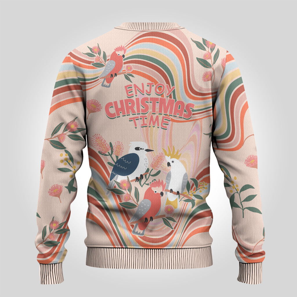 australia-hippie-christmas-ugly-christmas-sweater-cockatoo-kookaburra-with-wattle-pink-peach-style