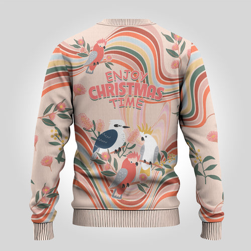 australia-hippie-christmas-ugly-christmas-sweater-cockatoo-kookaburra-with-wattle-pink-peach-style