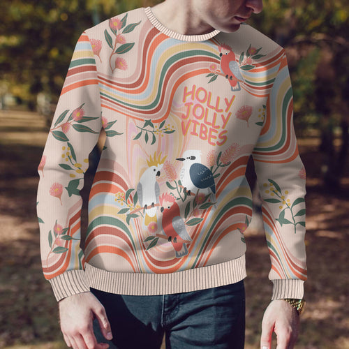 australia-hippie-christmas-ugly-christmas-sweater-cockatoo-kookaburra-with-wattle-pink-peach-style
