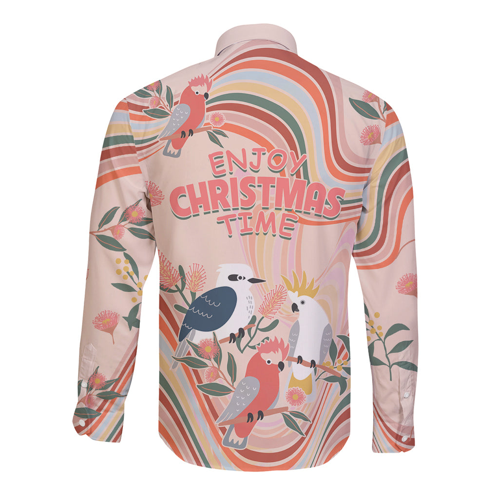 australia-hippie-christmas-long-sleeve-button-shirt-cockatoo-kookaburra-with-wattle-pink-peach-style
