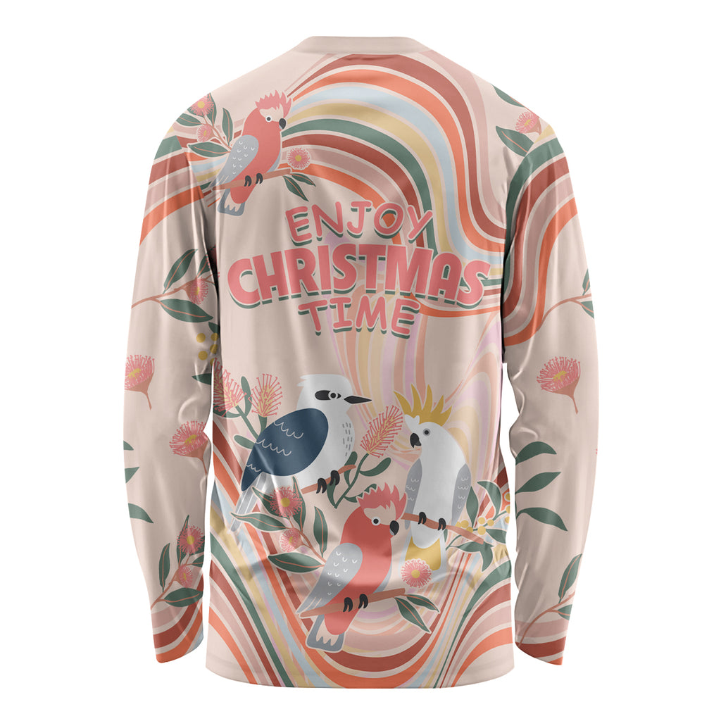 australia-hippie-christmas-long-sleeve-shirt-cockatoo-kookaburra-with-wattle-pink-peach-style