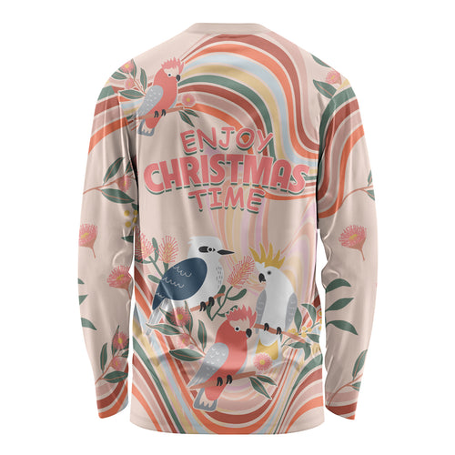 australia-hippie-christmas-long-sleeve-shirt-cockatoo-kookaburra-with-wattle-pink-peach-style