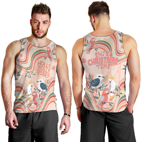 australia-hippie-christmas-men-tank-top-cockatoo-kookaburra-with-wattle-pink-peach-style