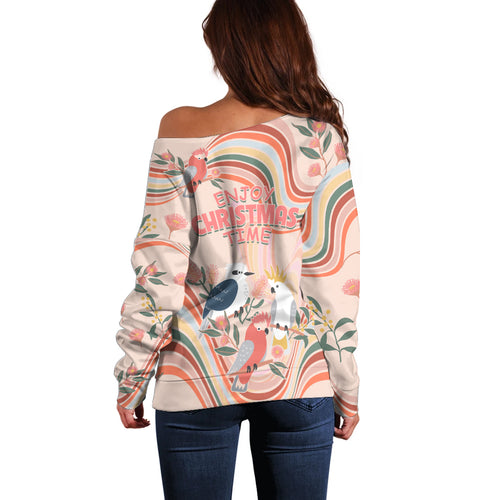 australia-hippie-christmas-off-shoulder-sweater-cockatoo-kookaburra-with-wattle-pink-peach-style