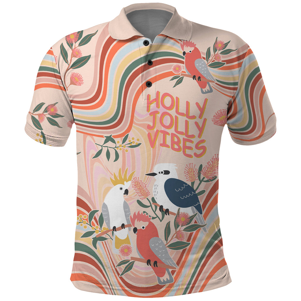 australia-hippie-christmas-polo-shirt-cockatoo-kookaburra-with-wattle-pink-peach-style