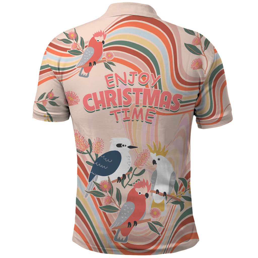 australia-hippie-christmas-polo-shirt-cockatoo-kookaburra-with-wattle-pink-peach-style