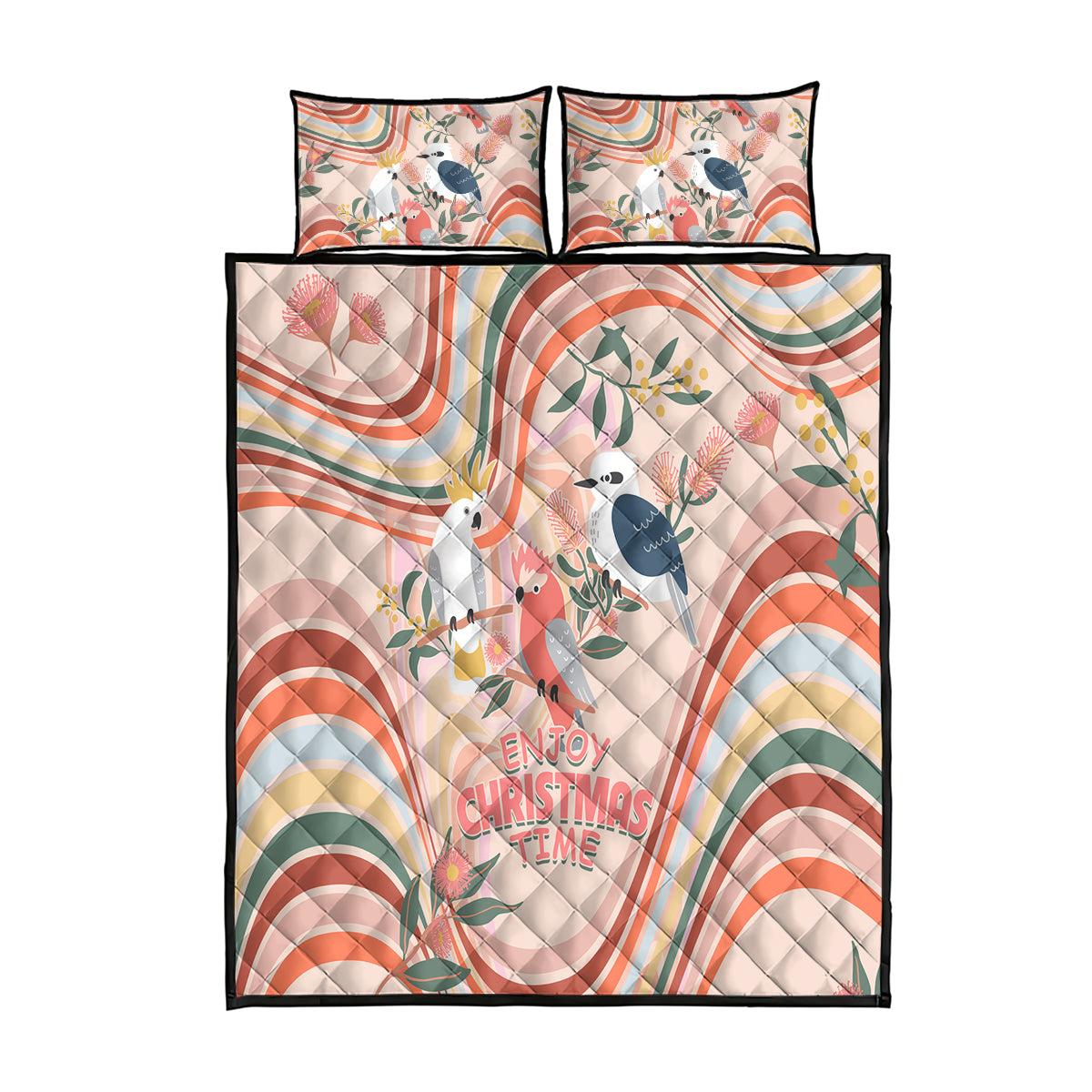 australia-hippie-christmas-quilt-bed-set-cockatoo-kookaburra-with-wattle-pink-peach-style