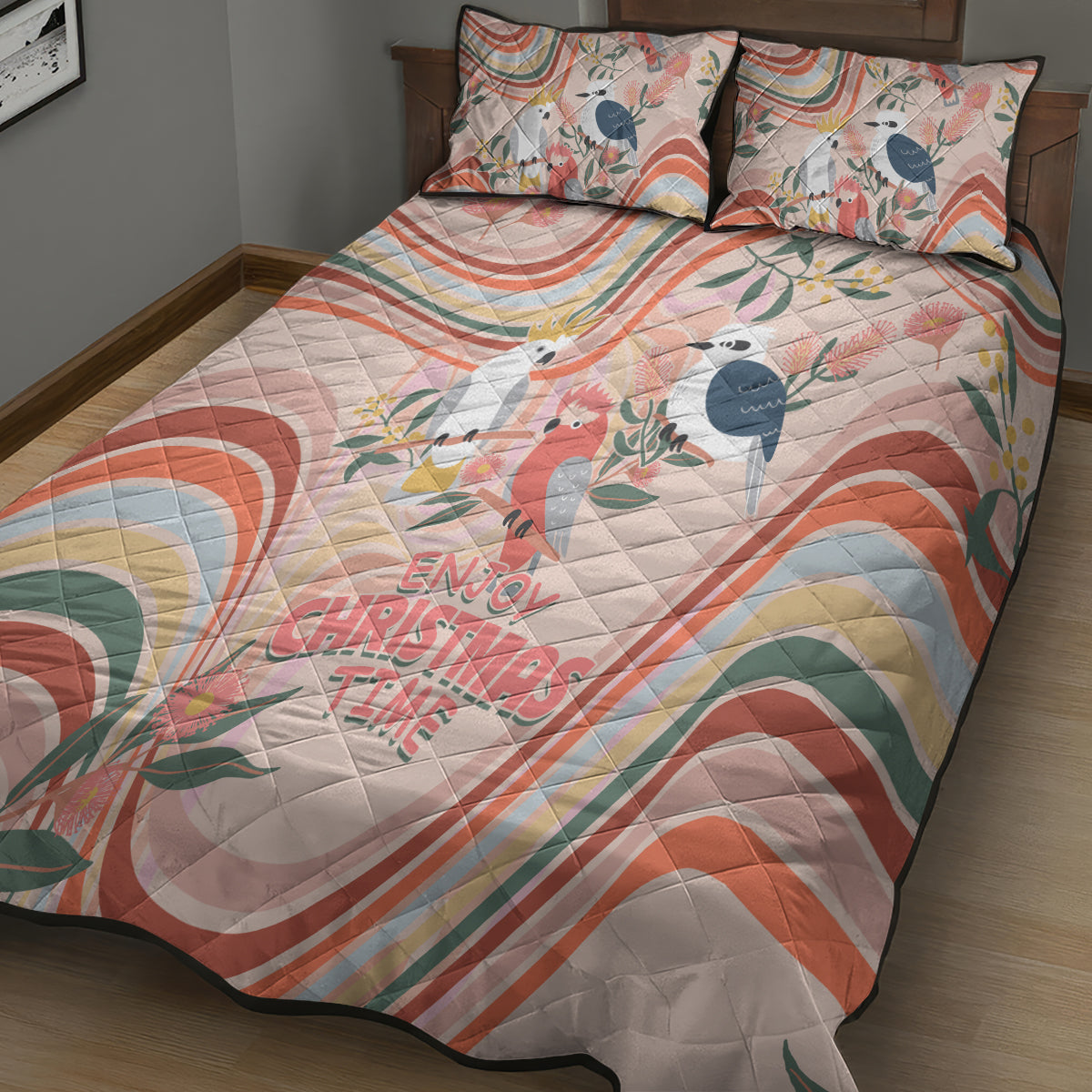 australia-hippie-christmas-quilt-bed-set-cockatoo-kookaburra-with-wattle-pink-peach-style