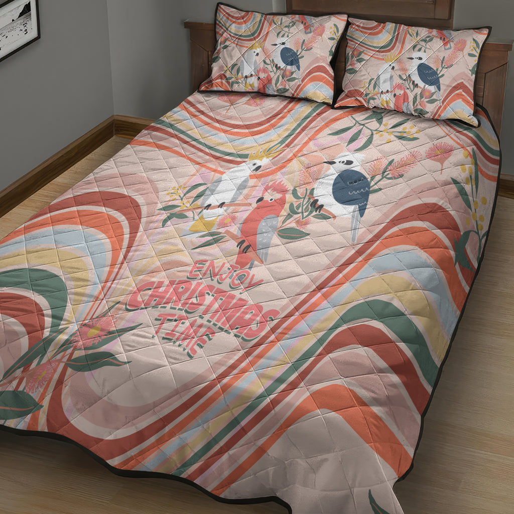 australia-hippie-christmas-quilt-bed-set-cockatoo-kookaburra-with-wattle-pink-peach-style