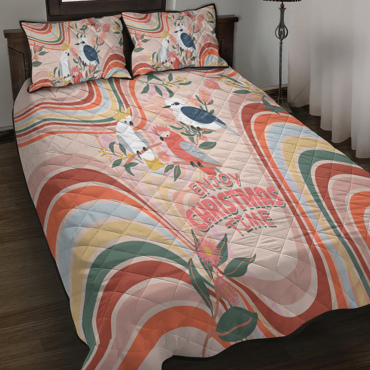 australia-hippie-christmas-quilt-bed-set-cockatoo-kookaburra-with-wattle-pink-peach-style