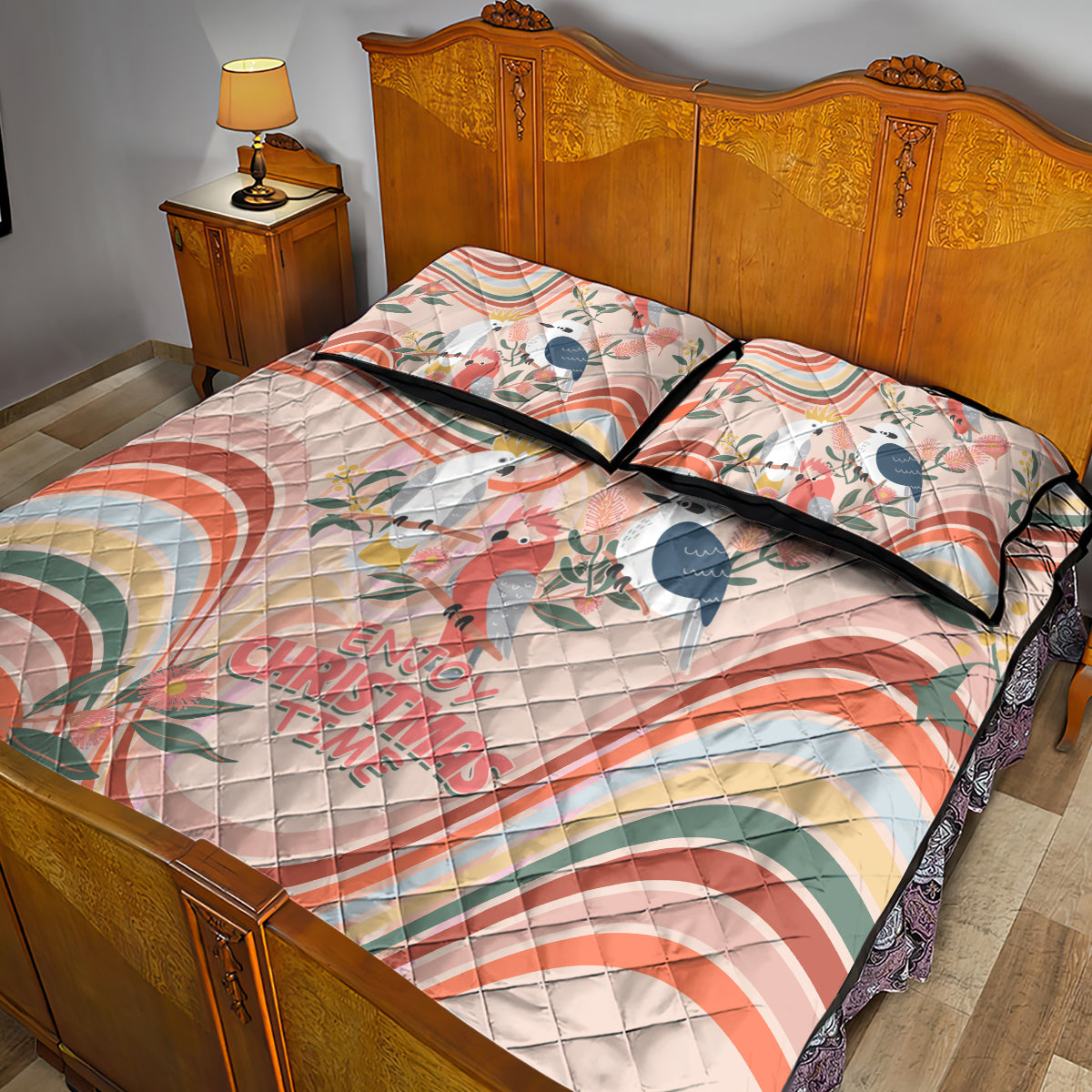 australia-hippie-christmas-quilt-bed-set-cockatoo-kookaburra-with-wattle-pink-peach-style