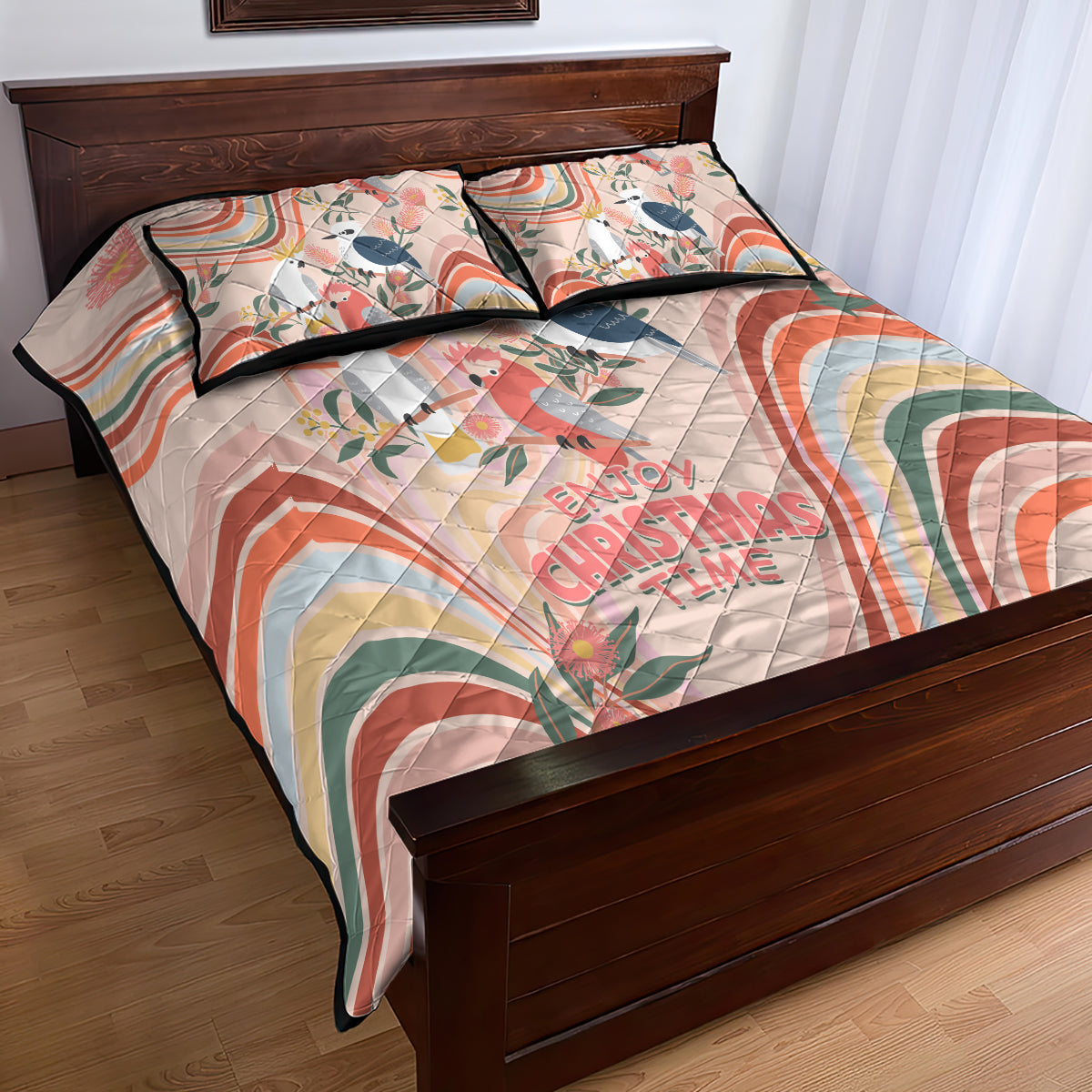 australia-hippie-christmas-quilt-bed-set-cockatoo-kookaburra-with-wattle-pink-peach-style