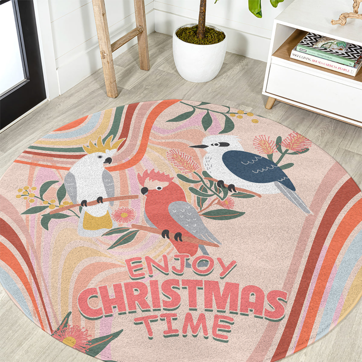 australia-hippie-christmas-round-carpet-cockatoo-kookaburra-with-wattle-pink-peach-style