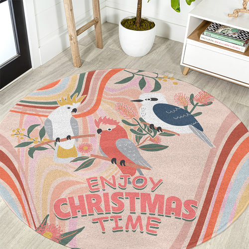 australia-hippie-christmas-round-carpet-cockatoo-kookaburra-with-wattle-pink-peach-style