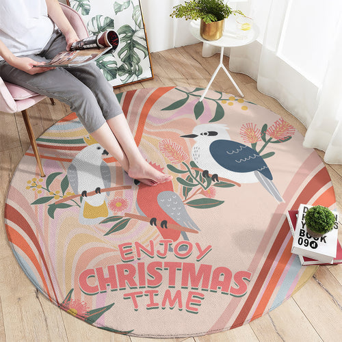 australia-hippie-christmas-round-carpet-cockatoo-kookaburra-with-wattle-pink-peach-style