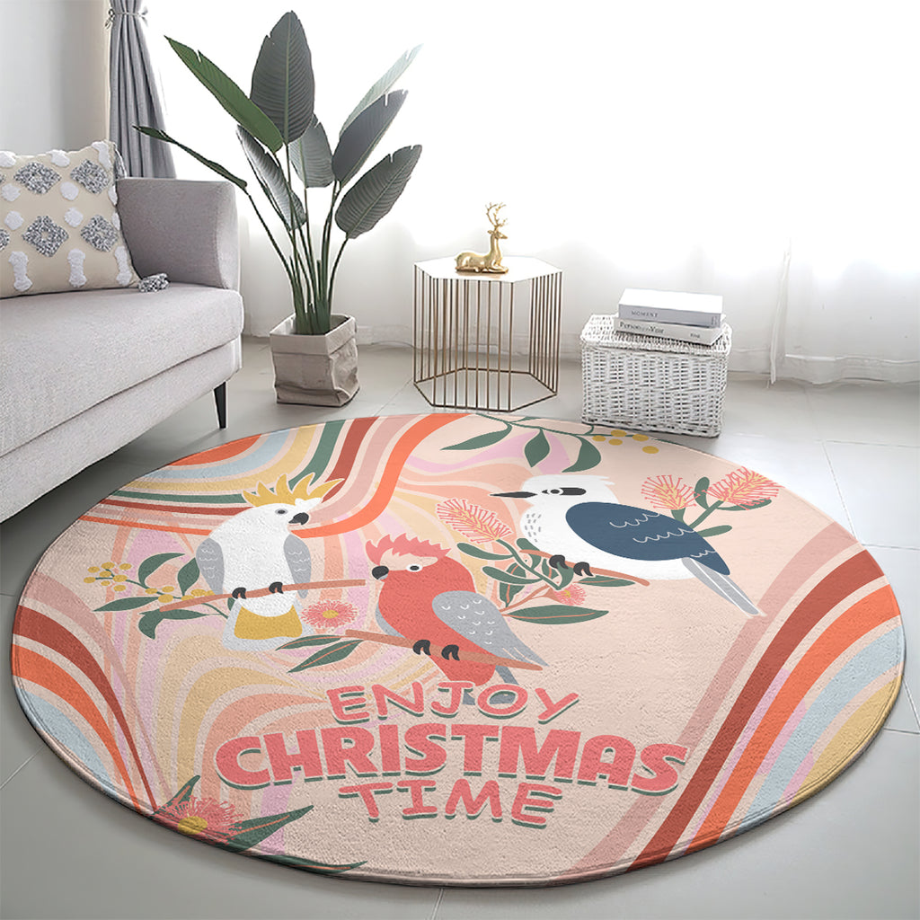 australia-hippie-christmas-round-carpet-cockatoo-kookaburra-with-wattle-pink-peach-style
