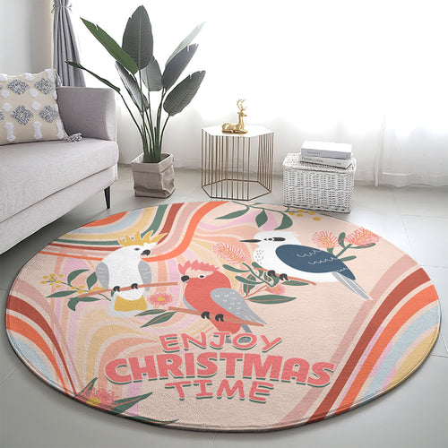 australia-hippie-christmas-round-carpet-cockatoo-kookaburra-with-wattle-pink-peach-style