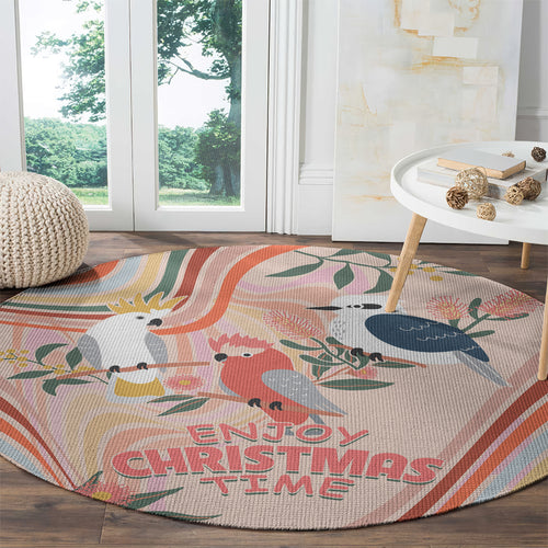 australia-hippie-christmas-round-carpet-cockatoo-kookaburra-with-wattle-pink-peach-style