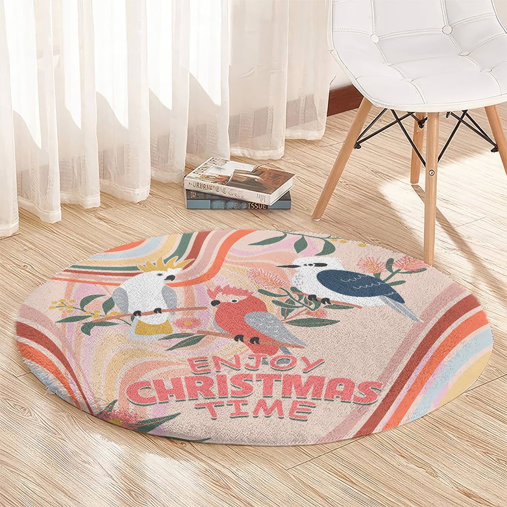 australia-hippie-christmas-round-carpet-cockatoo-kookaburra-with-wattle-pink-peach-style