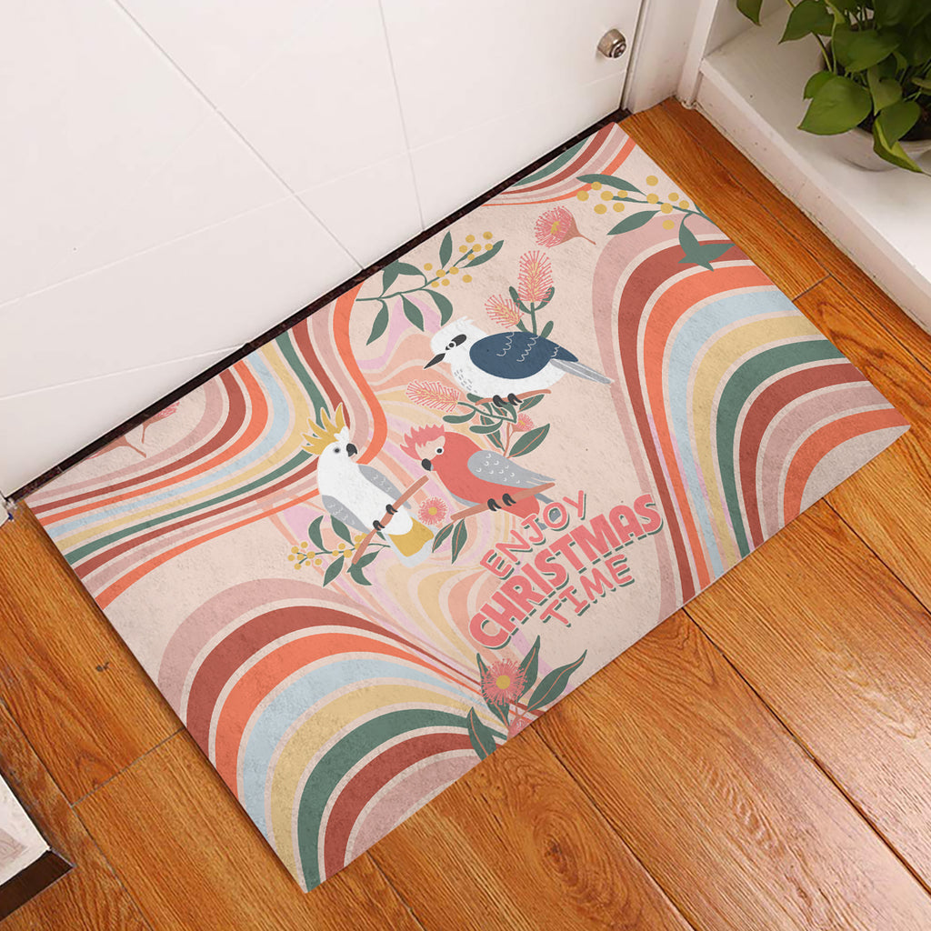 australia-hippie-christmas-rubber-doormat-cockatoo-kookaburra-with-wattle-pink-peach-style