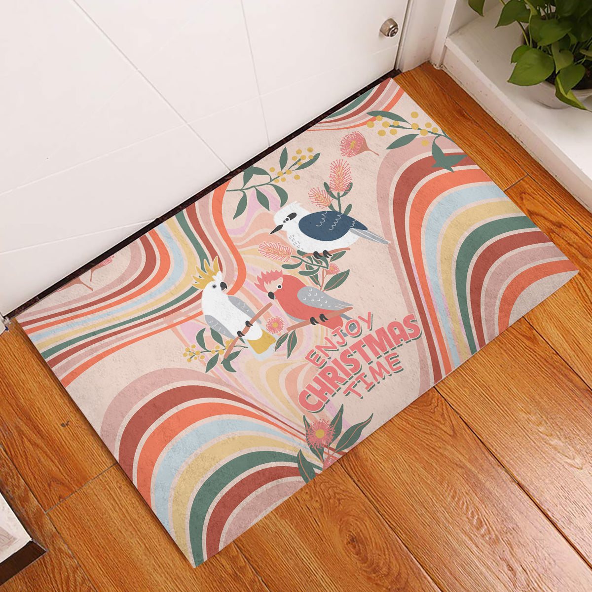 australia-hippie-christmas-rubber-doormat-cockatoo-kookaburra-with-wattle-pink-peach-style