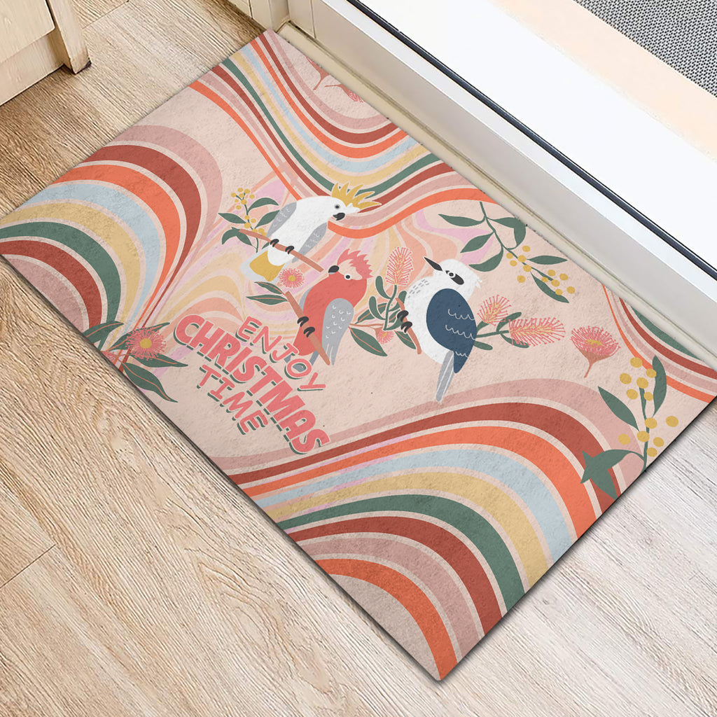 australia-hippie-christmas-rubber-doormat-cockatoo-kookaburra-with-wattle-pink-peach-style