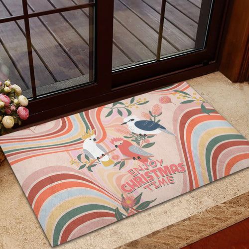 australia-hippie-christmas-rubber-doormat-cockatoo-kookaburra-with-wattle-pink-peach-style